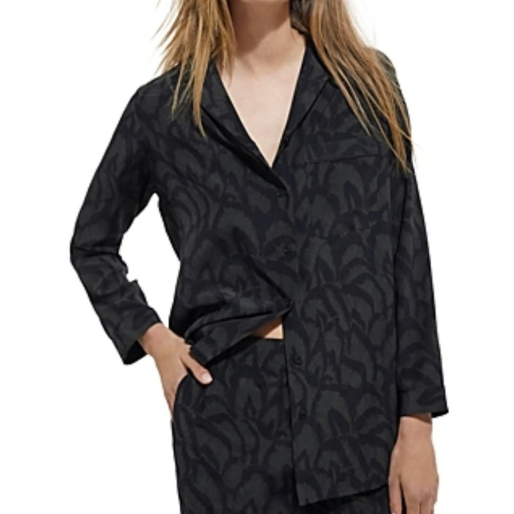 The Kooples Silk Button Up Long Sleeve Shirt Feather Print Green Black Womens M